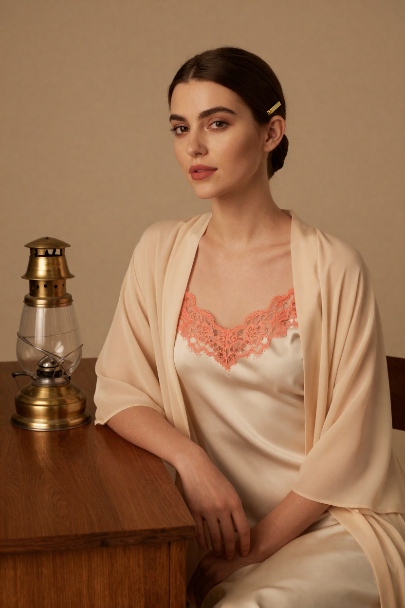 Fictional 29-year-old woman, dark chestnut hair in a smooth low chignon held with a plain brass